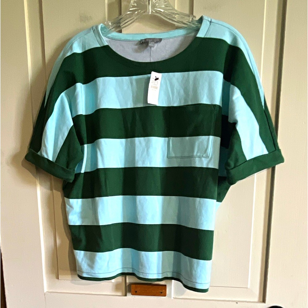 Talbots Womens Petites PS Green Blue Striped Crewneck Short Sleeve Pocket Tee